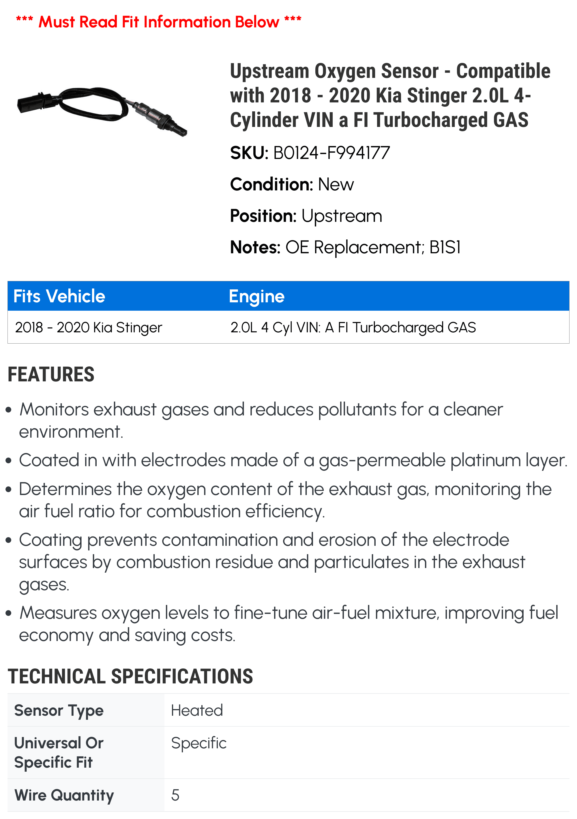 Upstream Oxygen Sensor - Compatible with 2018 - 2020 Kia Stinger 2.0L 4-Cylinder VIN a FI Turbocharged GAS 2019
