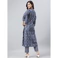 thumbnail image 4 of Janasya Indian Mandarin Collar 3/4 Sleeve Embroidered Navy Blue Cotton Kurta With Pant For Women, 4 of 5
