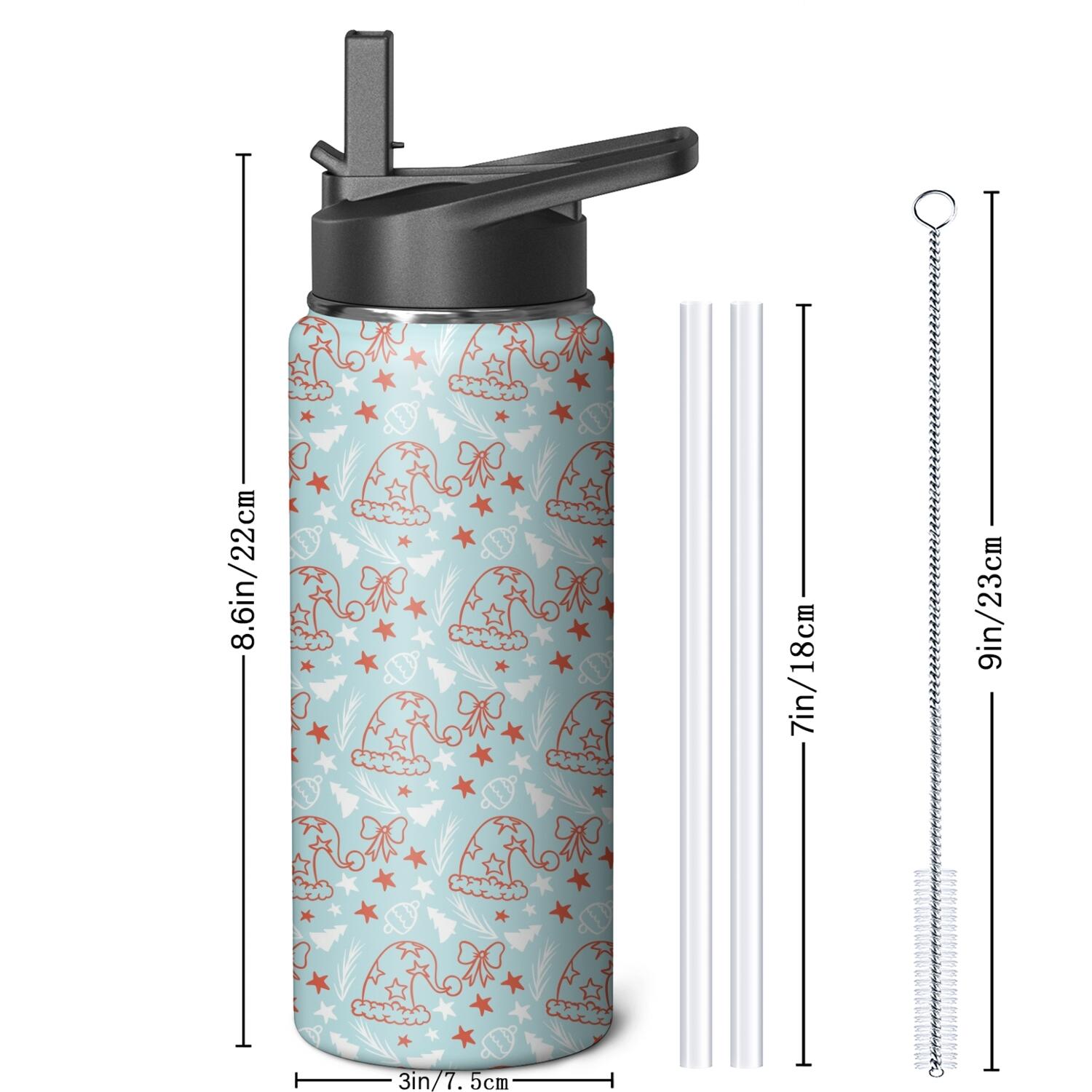 Christmas 18 oz Insulated Stainless Steel Water Bottle with Straw & Cleaning Brush , Leakproof, BPA-Free, 304 Stainless Steel, Wide Mouth, Travel Mug for Car, Gym, Office