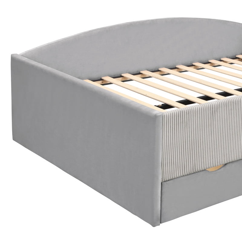 Full Size Kids Daybed Frame with Small Stair & 2 Storage Drawers, Velvet+Corduroy Dual Upholstered Accent Platform Bed
