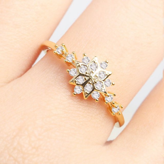 Anillo de diamantes con copos de nieve chapado en oro de 14 quilates para mujer, elegante y encantador, joyería europea y americana