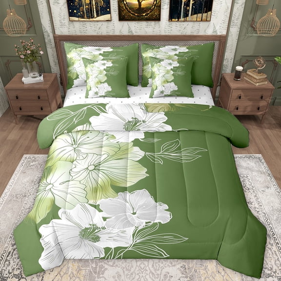 Manfei Green White Flower 7-Piece Twin Bedding Sets,Country Floral Bedding Comforter Set,Rustic Aestheric Sheet Sets For Girls Kids,Breathable Home Decor Reversible