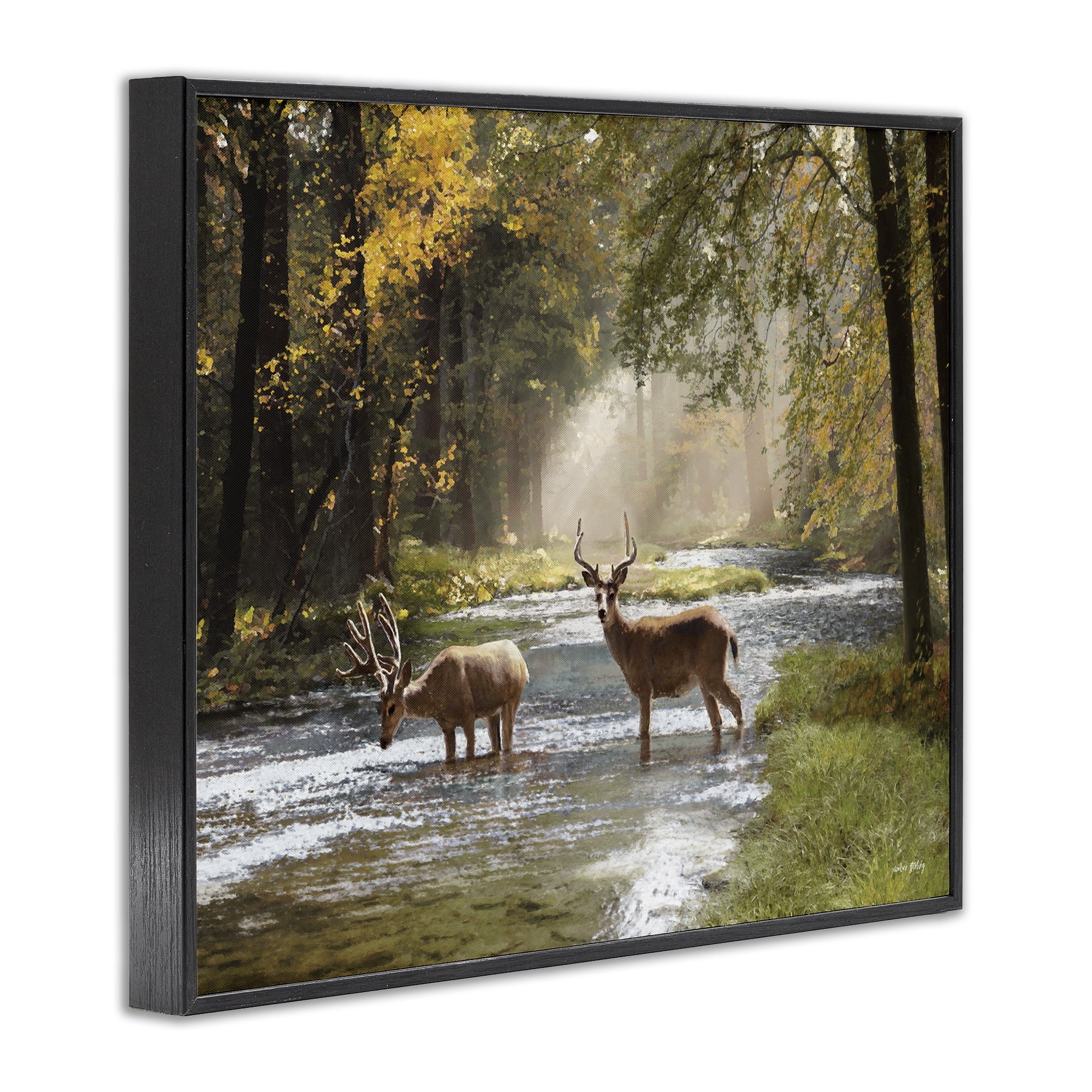 Stupell Industries Deer Grazing in Creek Landscape Painting Black Framed Art Print Wall Art, 20 x 16