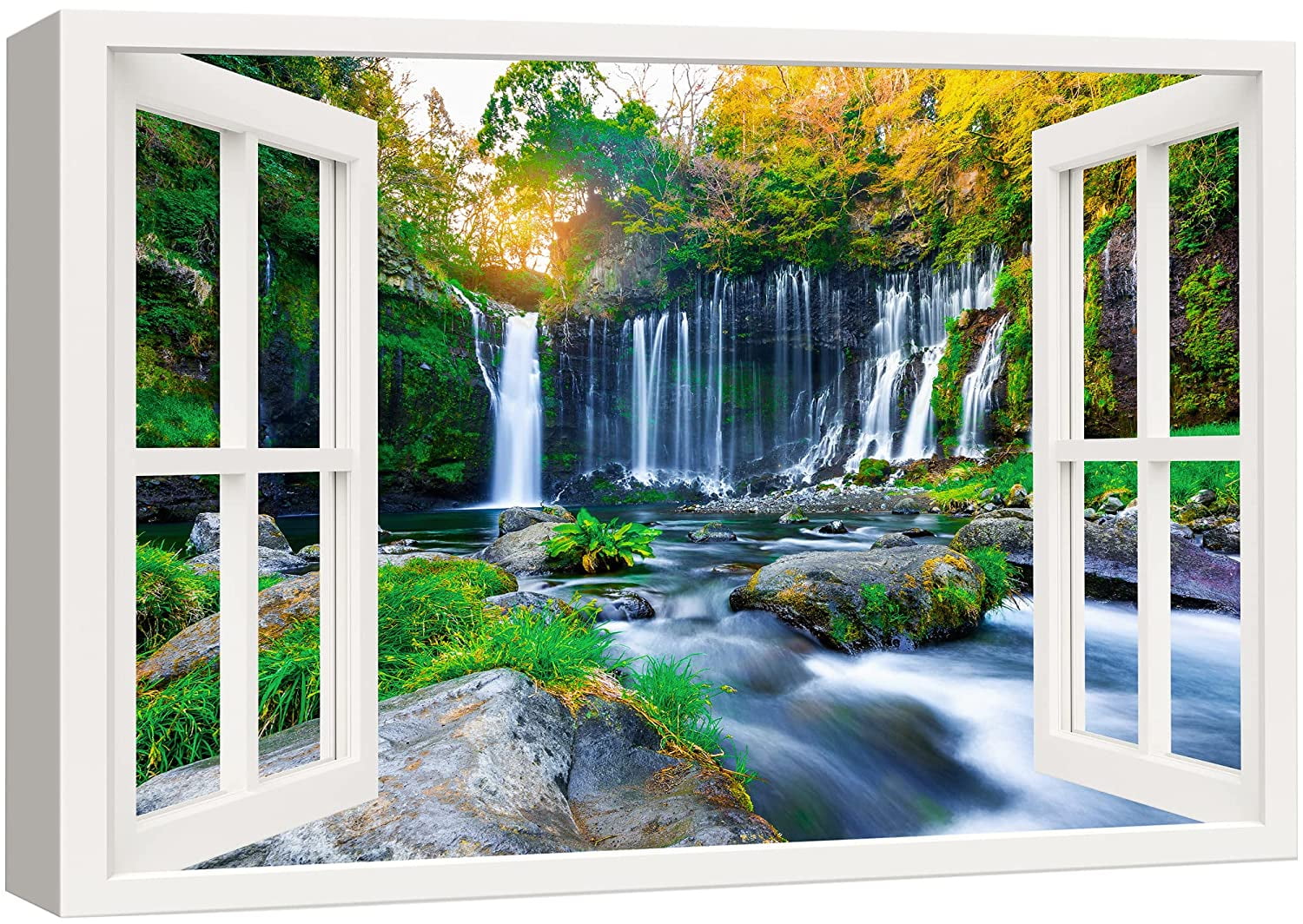 Green Forest Waterfall Nature Portrait Scenic Canvas Wall Art Picture Prints 