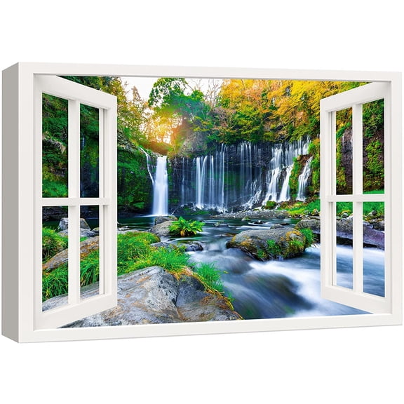 wall26 Canvas Print Wall Art Window View Autumn Springtime Forest Waterfalls Wilderness Nature Photography Realism Scenic Landscape Colorful Multicolor for Living Room, Bedroom, Office - 16"x24&