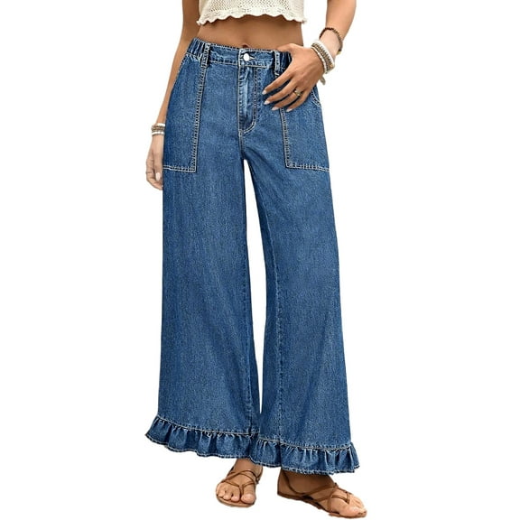 Women's Sail Blue Plus Size Wide Leg Denim Pants – Ruffled, Casual Spring Style [ZhiHiMeRi] | 4X