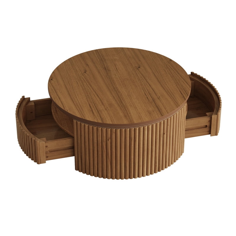 30.3'' Round Fluted Coffee Table with Dual Hidden Storage Drawers, 2-Tier Design Center Cocktail Table with Open Shelf