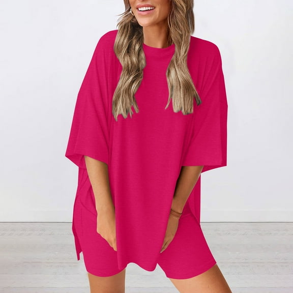Women's Shorts Suit Women'S Two Piece Set 2025 Summer Casual Oversized Shirts Biker Shorts Matching Travel Outfit,Pink Women's Shorts Suit 2XL