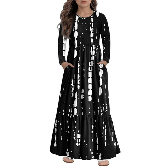 XADYUY Girls Maxi Dresses 7-16 A-Line Long Sleeve Maxi Dress Striped Crew Neck Sundresses Flowy Tiered Dresses with Pockets,Black
