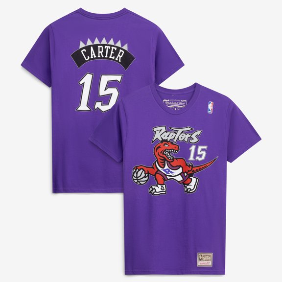 Men's Mitchell & Ness Vince Carter Purple Toronto Raptors Hardwood Classics Stitch Name & Number T-Shirt