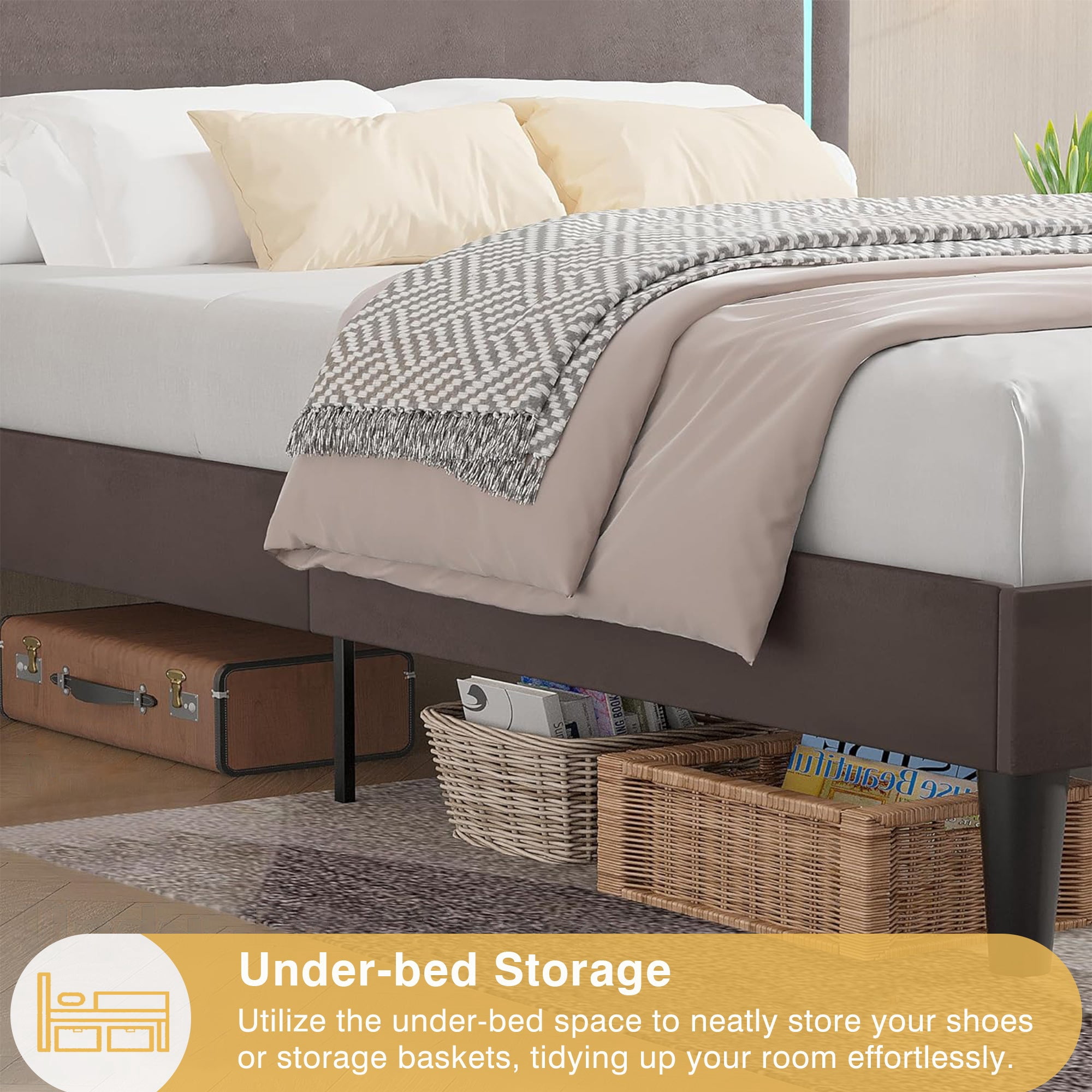 VECELO LED Bed Frame, Full Size Upholstered Platform Bed Frame with Adjustable Charging Station Headboard, No Box Spring Needed, Easy Assembly, Gray