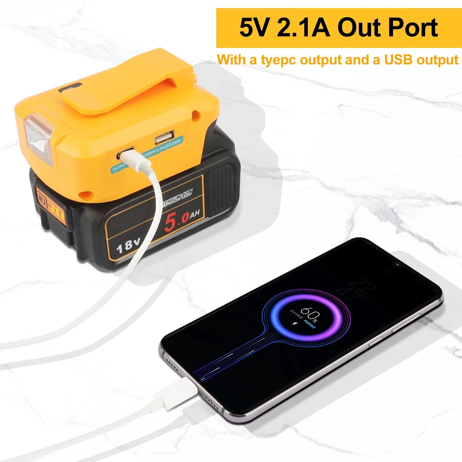 USB Power Charger Adapter Converter For Dewalt 18V 20V Type-C LED Work Light