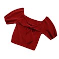 thumbnail image 2 of Qarigey Camisa de punto Bowknot Camiseta de color sólido Manga corta Top fino de verano Prendas para la parte del cuerpo Vino rojo, 2 of 6