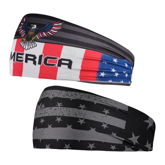 Reversible Patriotic USA Headband – 2 Styles in 1: Eagle Print on One Side & Matte Black American Flag on The Other – Non-Slip Stretch Fit for Gym, Sports, Men & Women