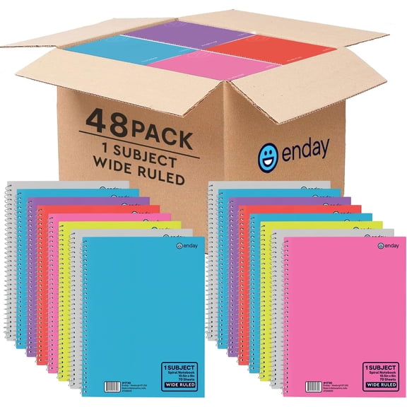 Enday 48 Pack, 1 Subject Spiral Notebook Wide Ruled Bulk, Hardcover Spiral Bound Notebooks for School and College, 140 Pages (70 Sheets) 3 Hole Punched Notebook, Multicolor