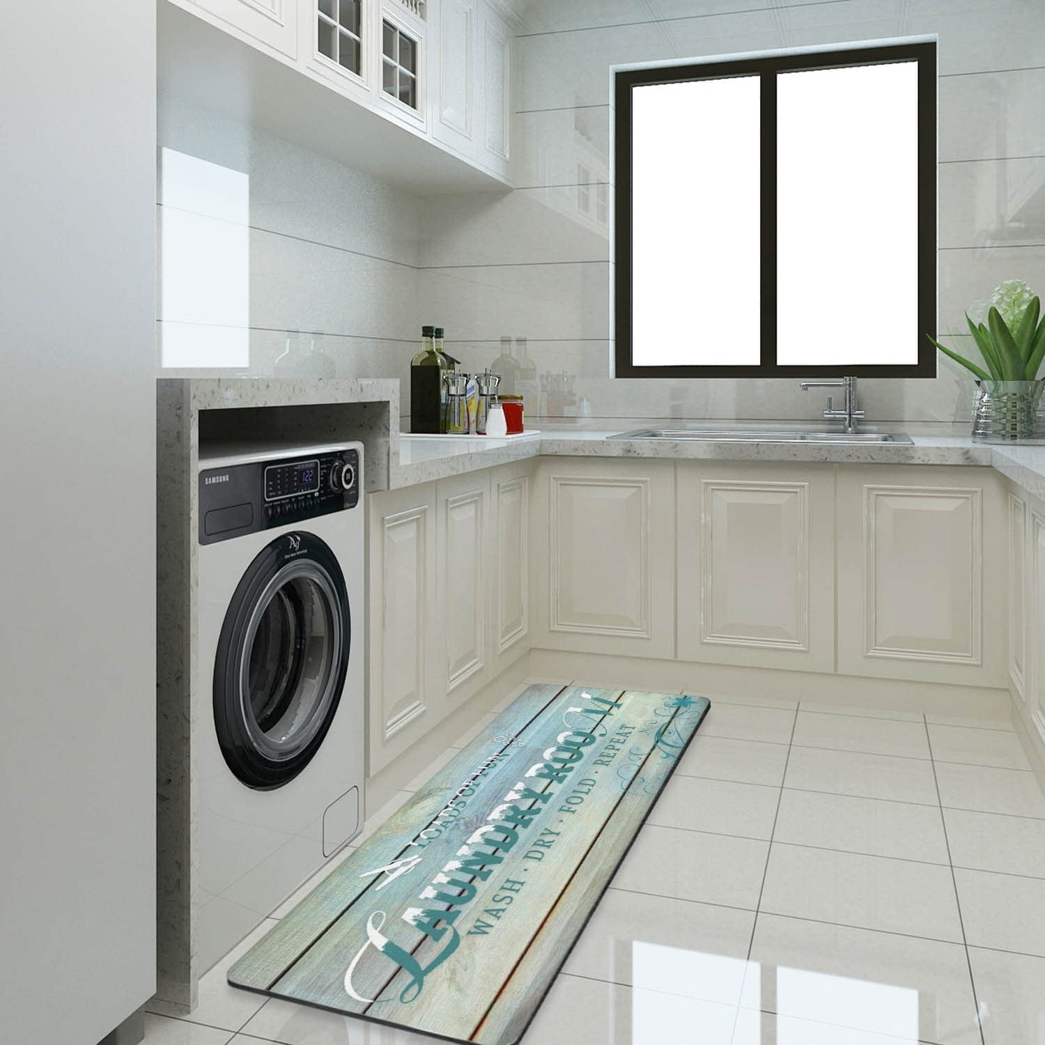 Laundry Room Rug Runner, Teal Laundry Mat, No Slip Laundry Room Mats Rubber Area Rug for Laundry Room Kitchen Bathroom, Farmhouse Laundry Room Decor and Accessories, Laundry Room Mats for Floor 20x48