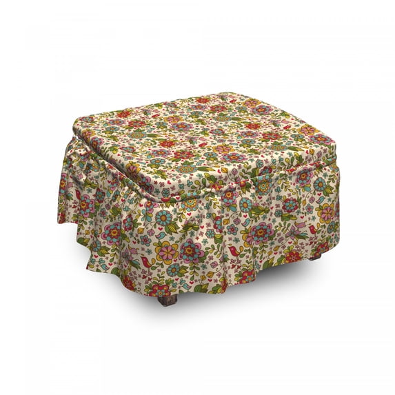 Colorful Ottoman Cover, Vintage Flora Fauna, 2 Piece Slipcover Set with Ruffle Skirt for Square Round Cube Footstool Decorative Home Accent, Standard Size, Multicolor, by Ambesonne