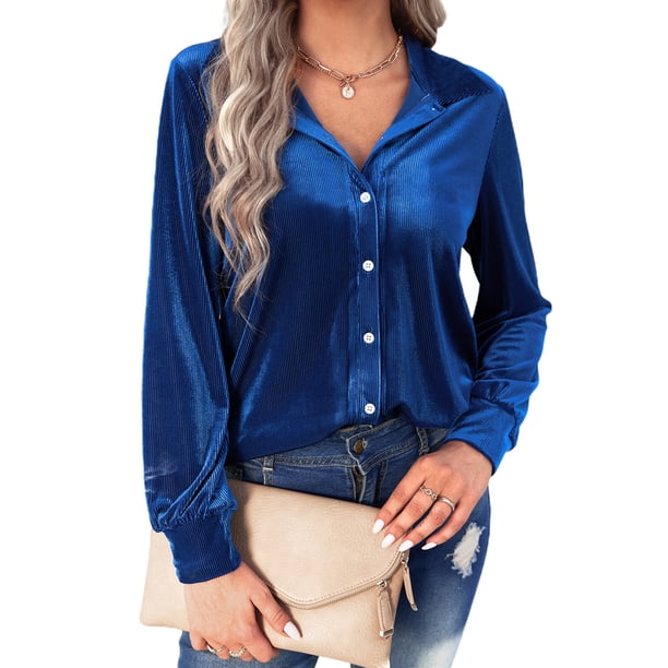 VISgogo, camisas de terciopelo salvaje a la moda para mujer, blusas de manga larga con cuello vuelto de Color sólido, blusas informales con botones para primavera y otoño VISgogo moda