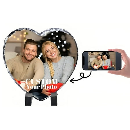 Custom Heart-Shaped Stone Rock Slate Photo Frame, Personalized Desk Picture Frame for Home Decor and Gifts, 8.1inX7.7in with Stand