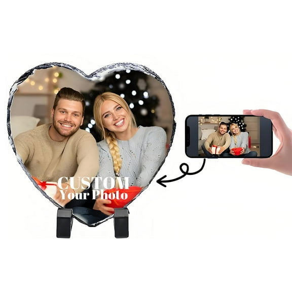 Custom Heart-Shaped Stone Rock Slate Photo Frame, Personalized Desk Picture Frame for Home Decor and Gifts, 8.1inX7.7in with Stand