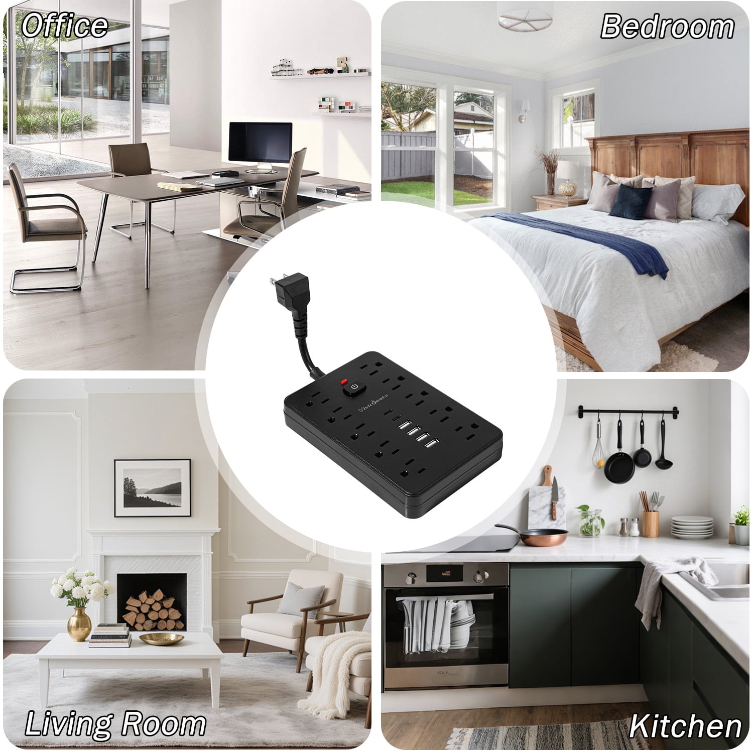 Vivicreate 16-in-1 Power Strip with 10 AC Outlets, 4 USB-A & 2 USB-C Ports, Flat Plug Short Extension Cord, Compact Surge Protector for Home, Office, Desk & Travel