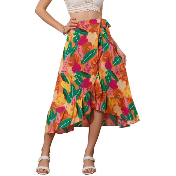 Falda Tropical Floral con Volantes para Mujeres INSPIRE CHIC, con Nudo Autoadhesivo, Falda de Playa Hawaiana, Color Naranja, Talla XL