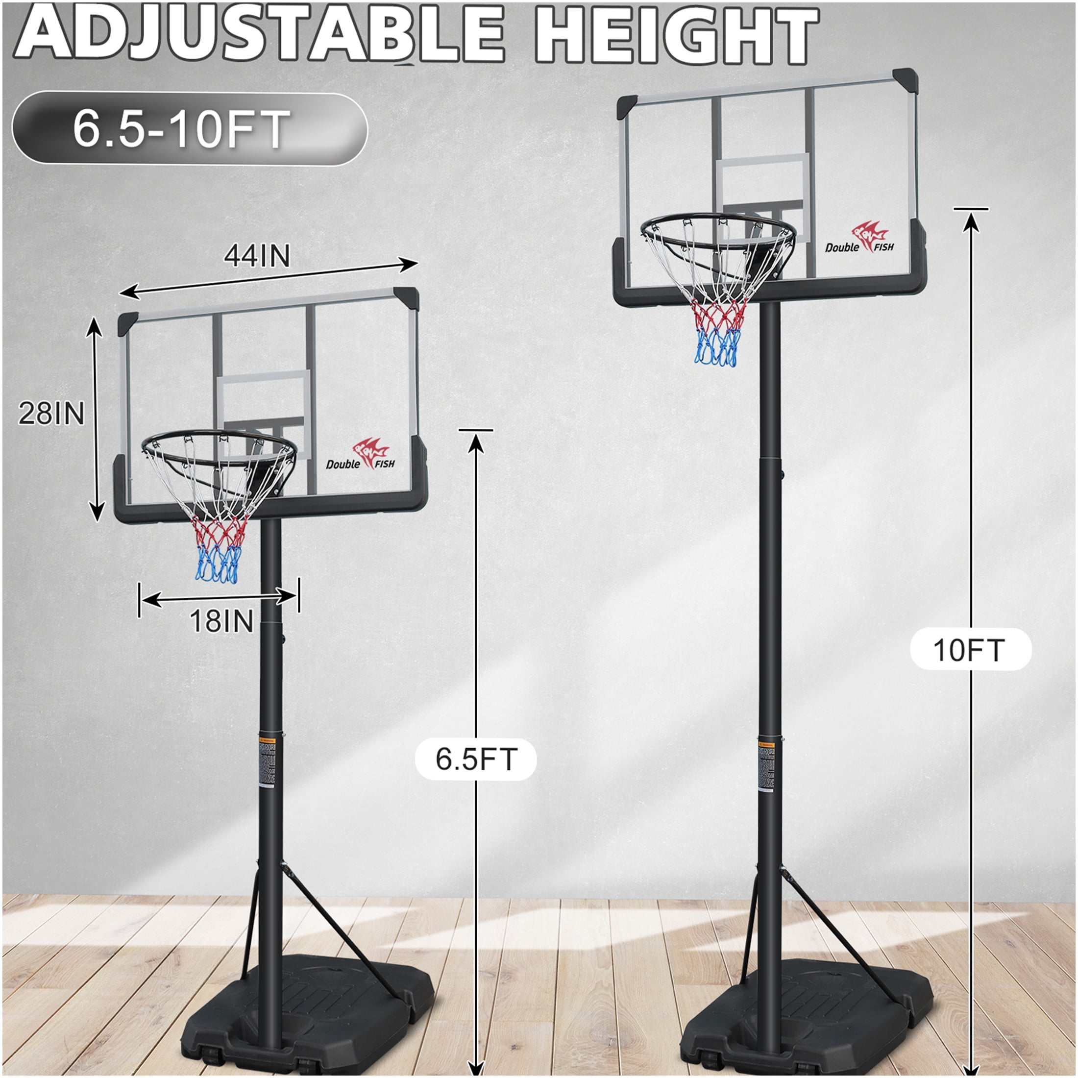 JERFIT Adjustable Basketball Hoop with Portable Wheels, 6.5-10FT Height Adjustment, 44" Backboard & Stable Base for Indoor Outdoor Play for Youth Adults