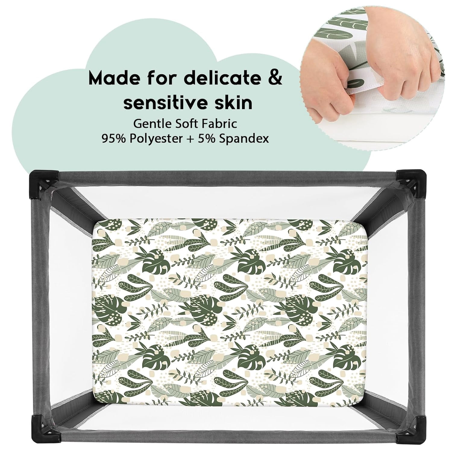 JJEAN-Pack and Play Sheets Fitted, Mini Crib Sheets 2-Pack for Pack N Play Mattress, Stretchy Playard Sheet, Soft and Breathable (Green + Banana Leaves)