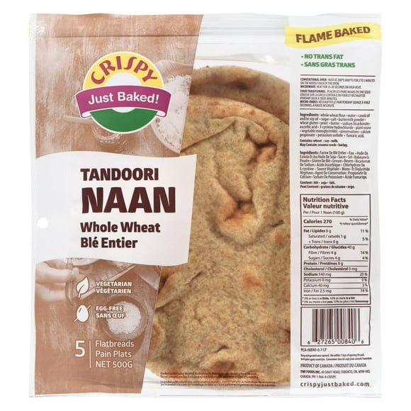 Naan tandoori blé entier cuit sur pierre au style traditionnel de Crispy 5 naans, 500 g