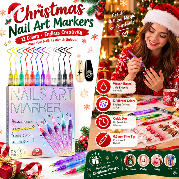 LEOFI Christmas 12 Colors Nail Art Pens Set, Fine Tip Nail Markers for DIY Nail Design, Halloween Nail Art, Salon & Home Manicure Gift