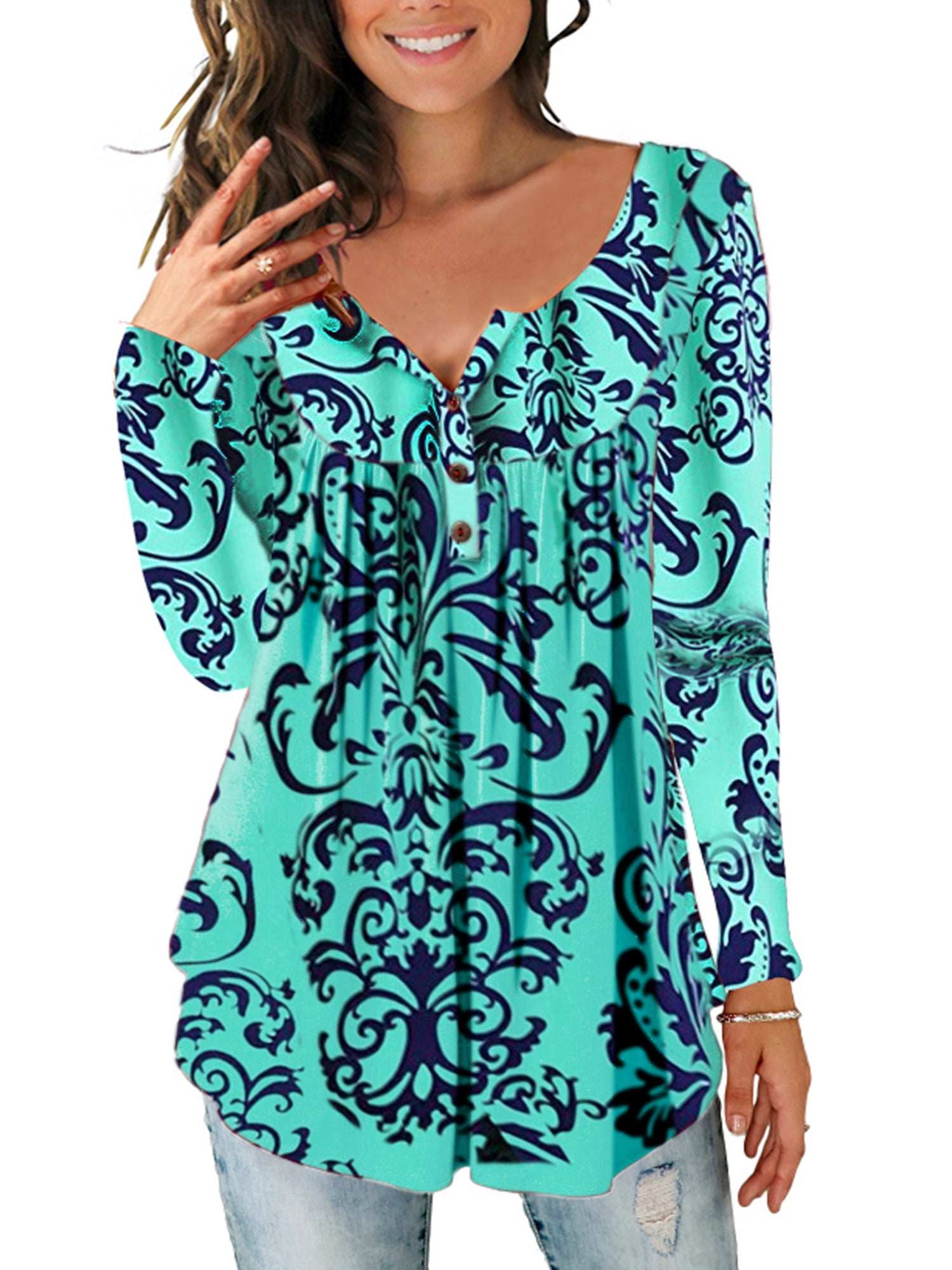 Womens Long Sleeve Paisley Floral Print V-Neck Pleated T-Shirt Tops Casual Tunic Blouse Loose Shirts