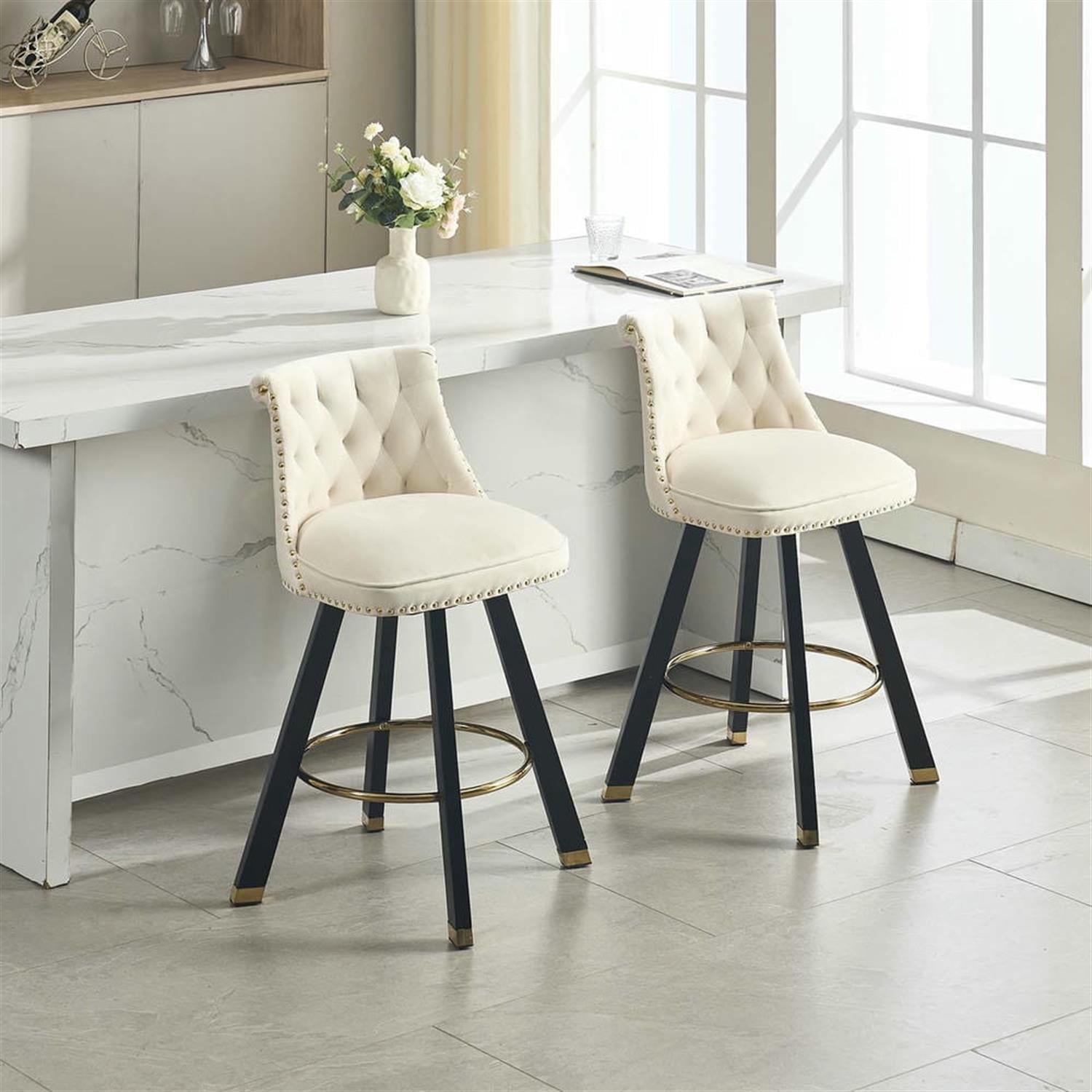 Demi Bonn 35" Counter Height Bar Stools Set of 2, Velvet Swivel Barstools with Back Pull Loop Detachable, Kitchen Island Countertop Chairs for Dining Room, Beige