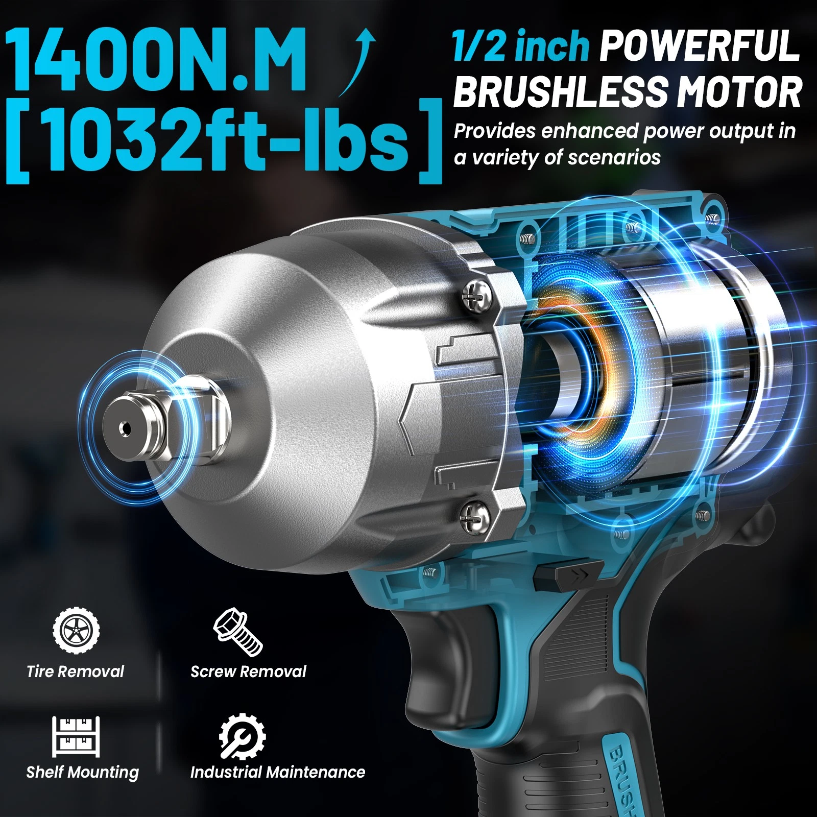Seesii Cordless Impact Wrench 1/2" 1032Ft-lbs (1400N.m) Electric Impact Gun Brushless Driver 2x4000mah Battery & Charger