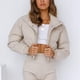 thumbnail image 3 of Chaqueta de algodón con cremallera de manga larga, color sólido, cuello adelgazante, estilo corto de moda, 3 of 6