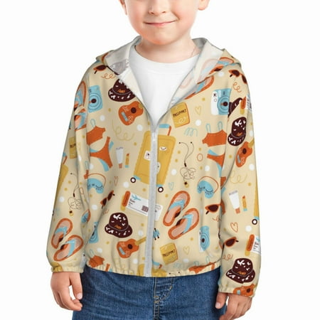 

Qekee Summer Travel Print UPF 50+ Kids Sun-Protective Hooded Long Sleeve Rash Guard for Fishing Water Beach Sports -18 Months
