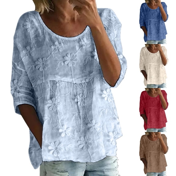 Women's Boho Floral 3/4 Sleeve Top Flowy Summer Casual Loose Cute Plus Size Pleated Blouse Shirts by Yigetop Beige L