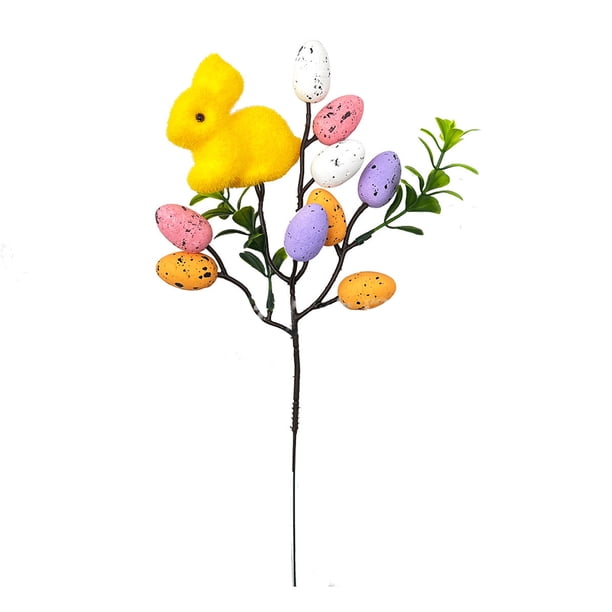 Palitos de Pascua para arreglos florales de 28 cm, con forma de conejito de peluche amarillo, palitos de madera para decorar jarrones, macetas y jardines.