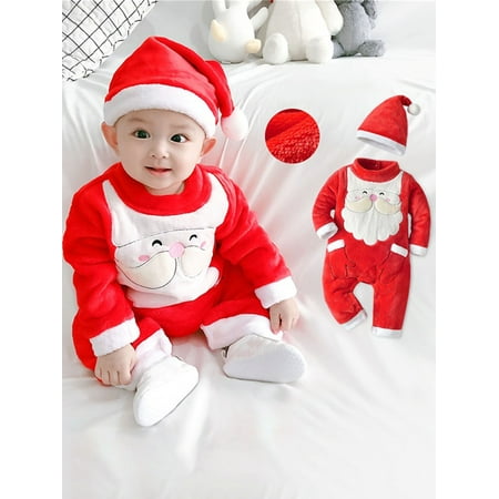 

Sprifallbaby Christmas Outfit for Baby Boy Embroidery Santa Claus Long Sleeve Crew Neck Jumpsuit with Hat Winter Holiday Clothes 6-18M