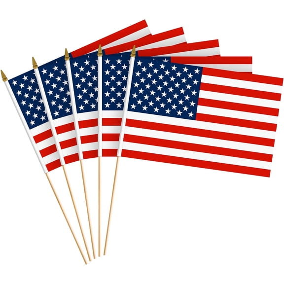 G128 Small Flag on Sticks, 8x12 In, Mini American Handheld Printed 150D Polyesters, 250th Anniversary, 12 Pack