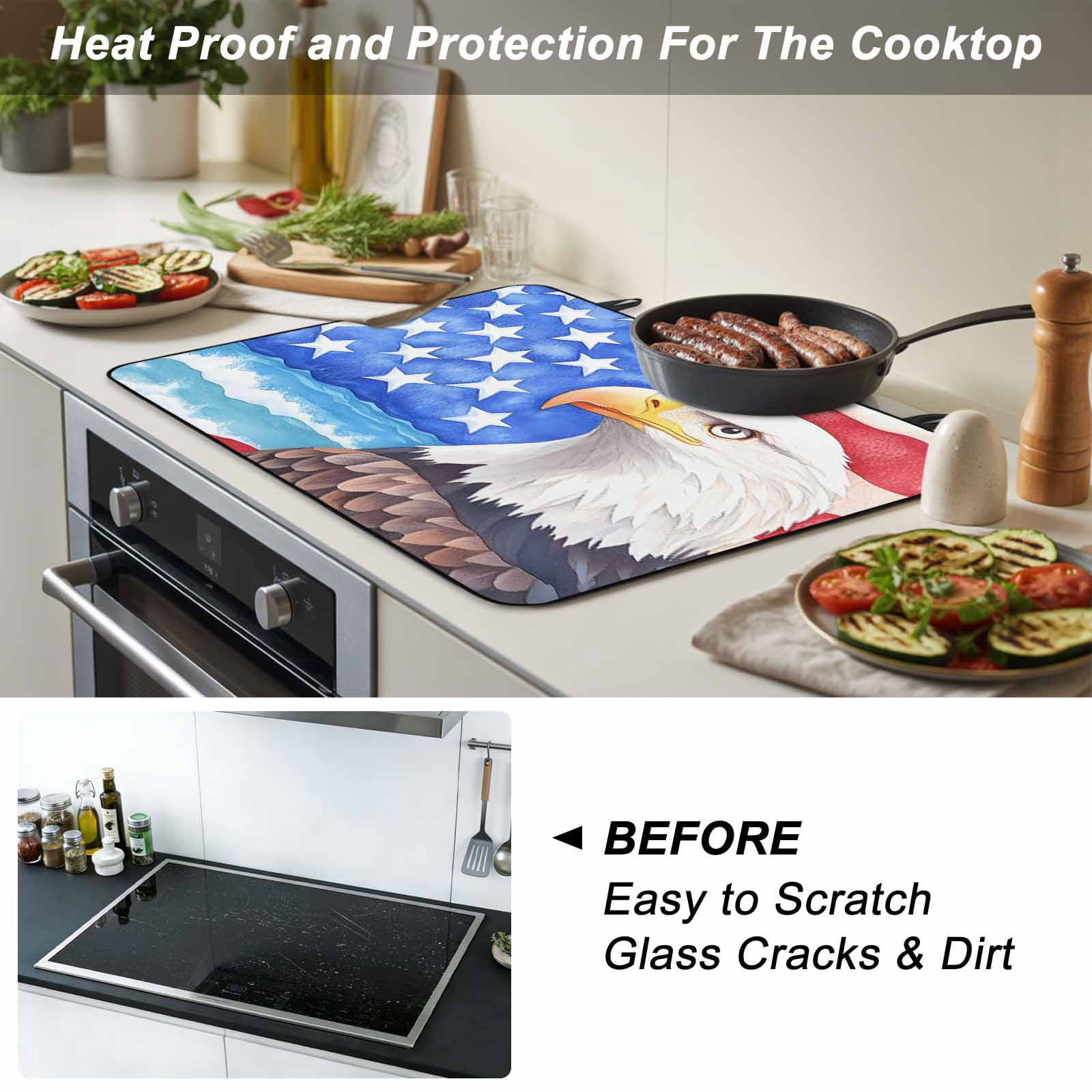 American Flag Stove Top Cover for Electric Stove, Heat-proof & Non Slip Glass Top Stove Cover Protector, Country Eagle Independence Day Blue Red Kitchen Flat Cooktop Rubber Mat 24x21 Inches