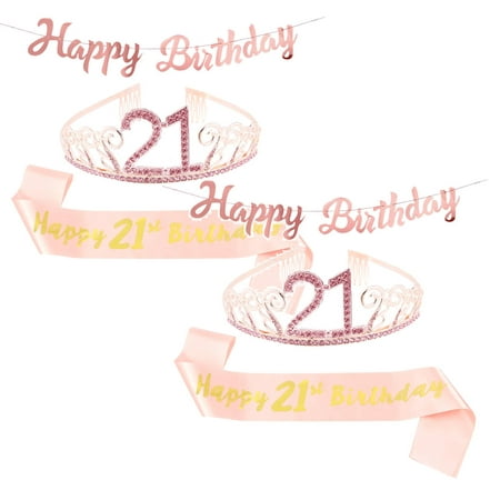 

2PCS Party Supplies Decoration Girls Birthday Number Set Rose Gold Happy Banner Pull Flag 18~30Th Crown Strap
