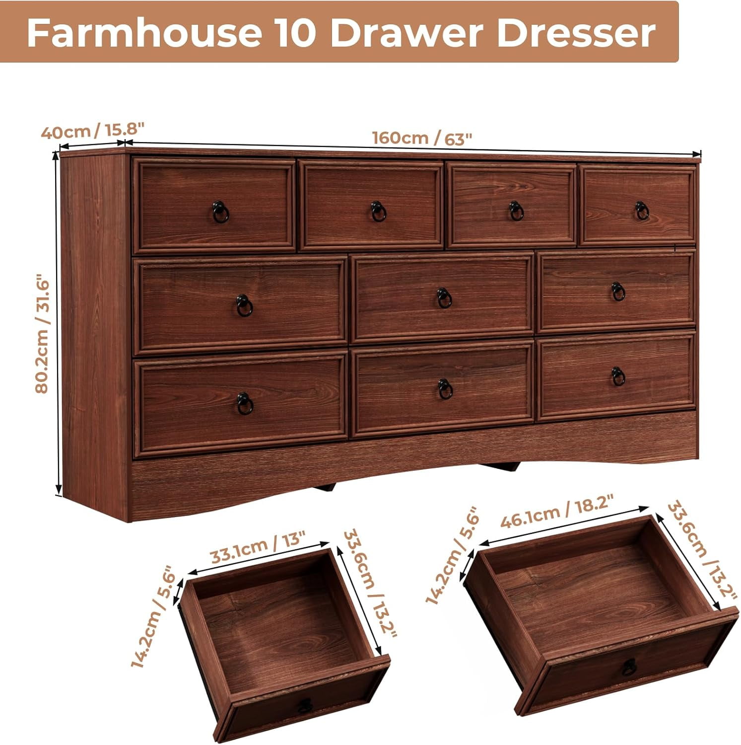 Meteorleg Farmhouse 10 Drawer Dresser for Bedroom – 63'' Long Dresser Wood Chest of Drawers,TV Stand for 75 inch TV, Storage Organizer Furniture, Hallway, Entryway, Closet, Cherry