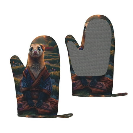 

Junzan Garden Meditating Weasel for Oven Mitts 2 Piece Set BBQ Gloves Grilling Gloves Heat Resistant Oven Gloves Kitchen Silicone Oven Mitts for Barbecue/Cooking/Baking