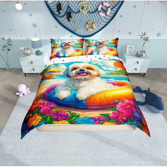Erosebridal Animal Dog Comforter Cover Twin,Tropical Flower Bedding Twin Size,Ocean Beach Duvet Cover Twin,Breathable Teenager Bedroom Decor,Reversible,2-Piece(No Comforter)