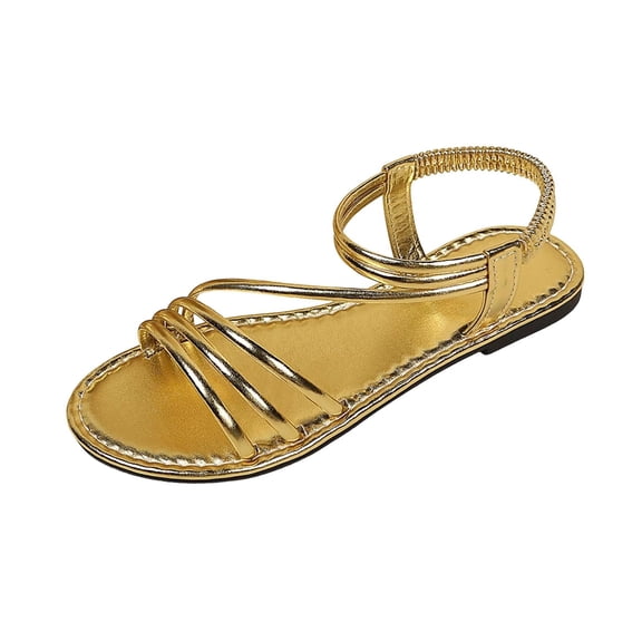 KIJBLAE Women's Metallic Multi-Strap Flat Sandals, Ankle Wrap Open Toe Comfort Shoes, Plus Size Shiny Style Footwear for Summer Parties Gold 38