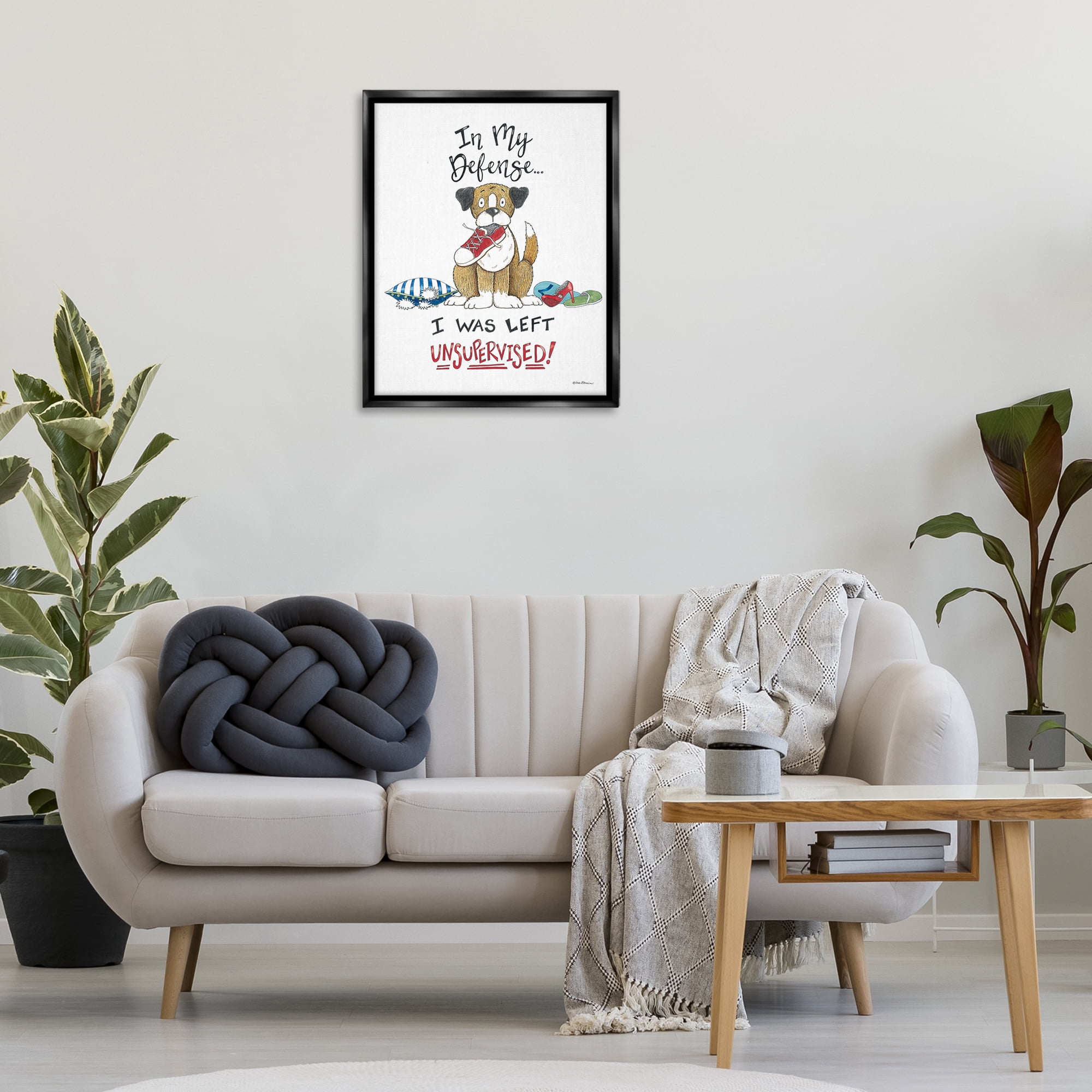 Stupell Industries Left Unsupervised Dog Animals Painting Black Floater Framed Canvas Art Print Wall Art, 25 x 31