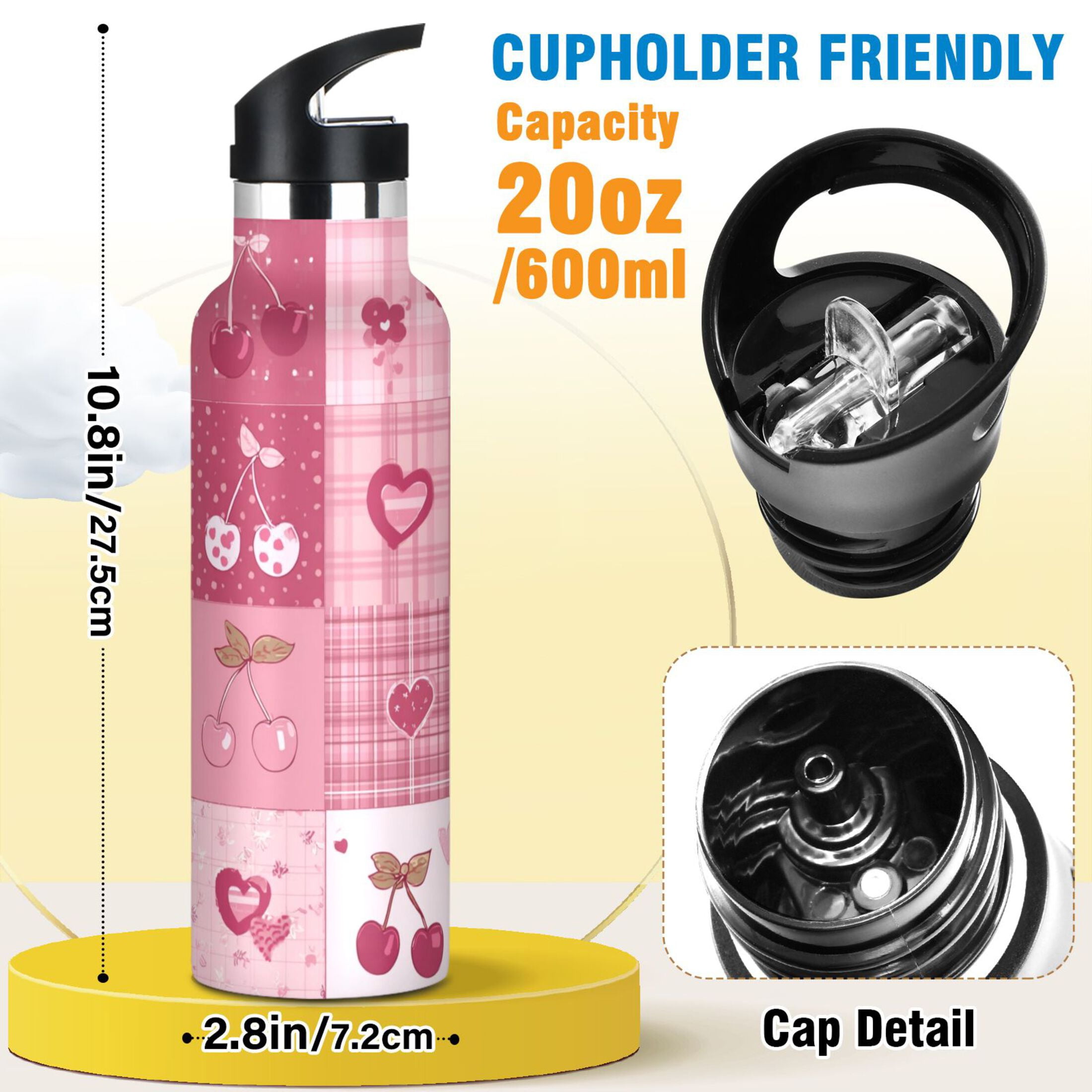 Kids Insulated Stainless Steel Sports Water Bottle 600ml (20oz) Cherry Pattern with Bows