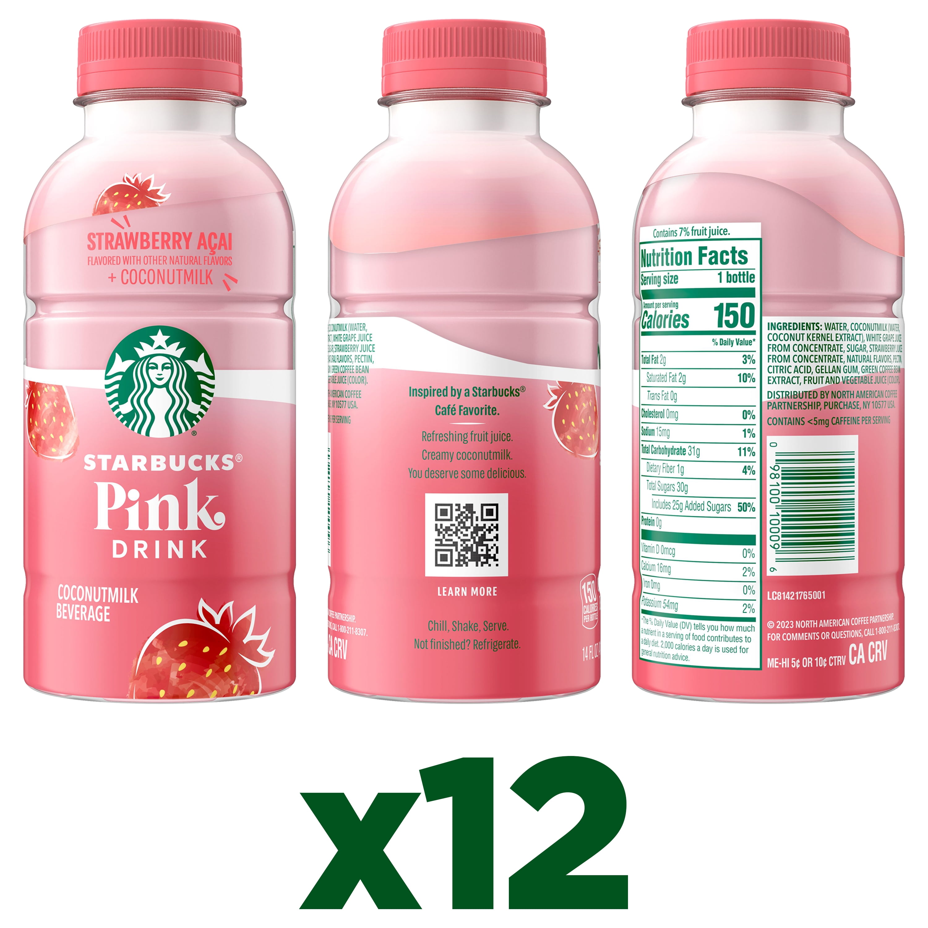 Starbucks Pink Drink, Strawberry Acai with Coconut Milk Beverage, 14 fl oz Bottles, 12 Pack, Ready To Drink