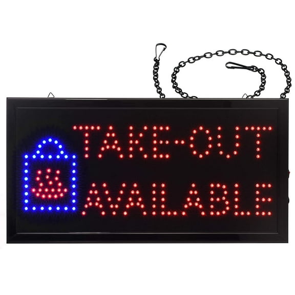 Alpine Industries Neon LED Take Out Available Sign for Business - Electronic Lighted Board w/ Two Display Modes - For Restaurants, Cafes, Diners (Rectangular, 19" x 10")