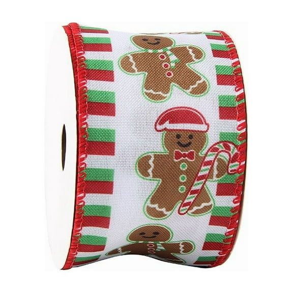 Christmas Ribbon Wired 6.3cm, 10 Yards - Christmas Ribbon for Wreaths, Bows, Tree, DIY Crafts (Red and green stripes gingerbread man)
